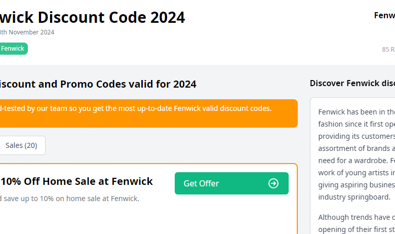 Fenwick Discount Code First Order